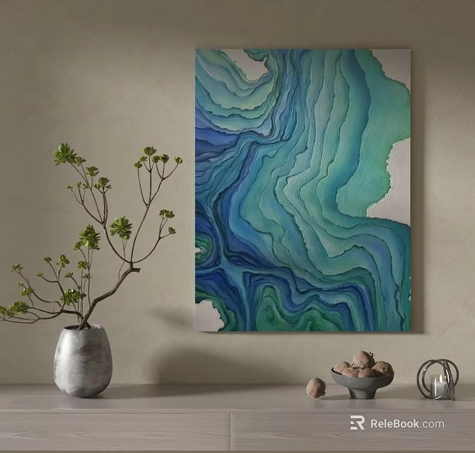 Blue Green Abstract Painting On Wall With Silver Vase Green Plant And Stone Decorations 3d model 