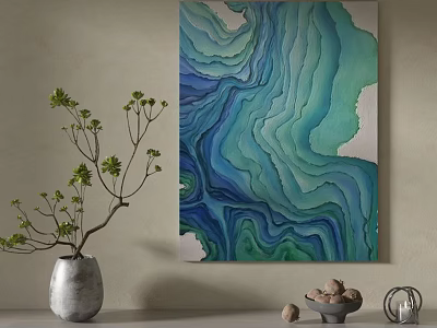Blue Green Abstract Painting On Wall With Silver Vase Green Plant And Stone Decorations 3d model