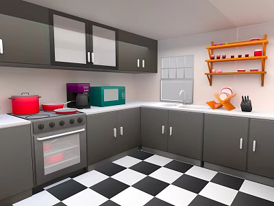 Everyday Kitchen Living Supplies Featuring Gray Cabinets White Countertops Red Pots Microwave And Orange Shelf 3d model