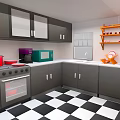 Everyday Kitchen Living Supplies Featuring Gray Cabinets White Countertops Red Pots Microwave And Orange Shelf