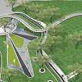 Scenic Park Landscape Design With Curved Pathways Green Lawns Trees And Playground Area