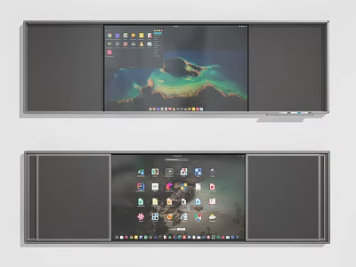 Dual Monitor Desktop Setup With Colorful Application Icons And Scenic Background 3d model