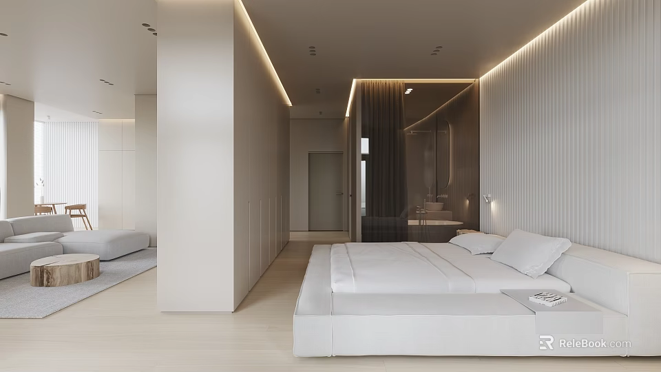 Modern Minimalist Apartment Bedroom Interior With Light Tones 3d model 