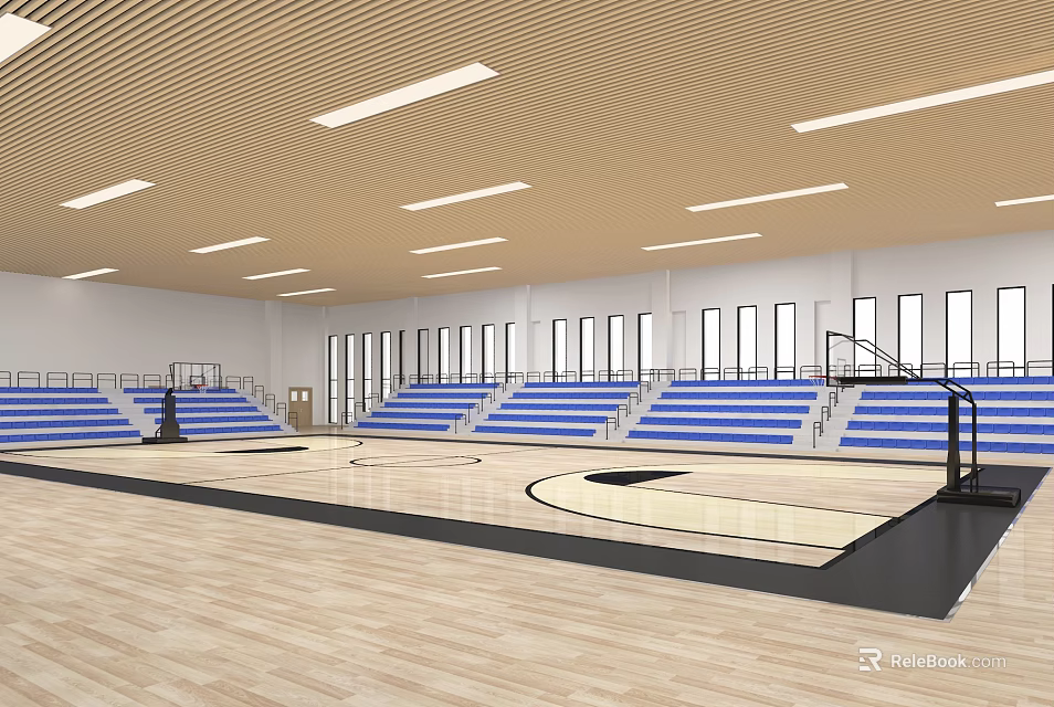 Spacious Basketball Gymnasium with Wooden Floor Blue Bleachers Large Windows and Ceiling Lights 3d model 