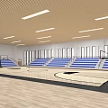 Spacious Basketball Gymnasium with Wooden Floor Blue Bleachers Large Windows and Ceiling Lights