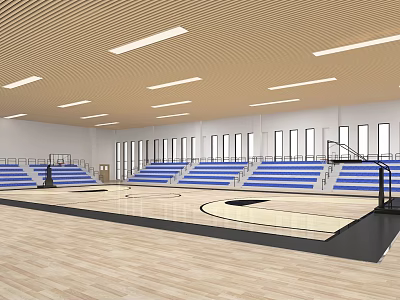 Spacious Basketball Gymnasium with Wooden Floor Blue Bleachers Large Windows and Ceiling Lights 3d model