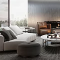 Modern Living Room Interior Design With Concrete Ceiling Large Windows Fireplace And Cozy Seating