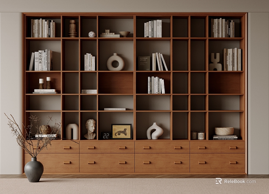 Modern Wooden Open Shelf Bookcase With Books Decorative Vases Sculptures Photo Frames And Drawers 3d model 