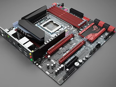 High Performance Gaming Motherboard With Black Red Design Heatsinks PCIe Slots And CPU Socket 3d model