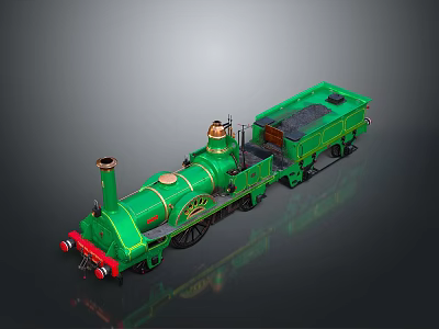 Green Vintage Steam Train Model With Brass Accents And Classic Carriage 3d model
