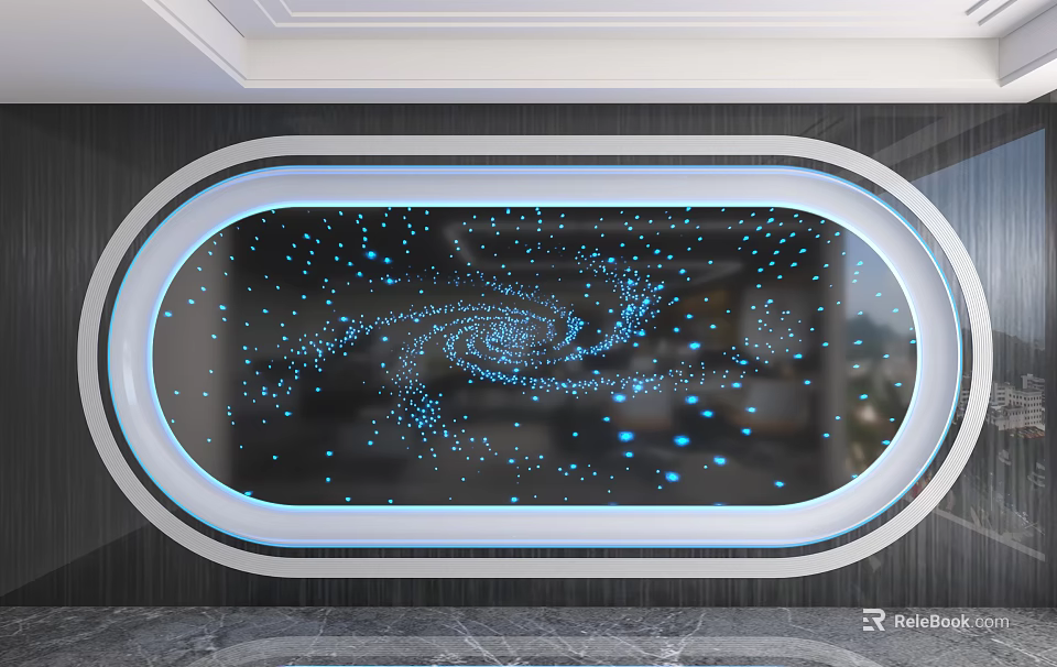 Oval Background Wall with Illuminated Circular Frame Blue Dotted Spiral Patterns Dark Surface Gray Wall 3d model 