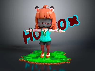 Cute Cartoon Character With Orange Hair Wearing Glasses Turquoise Top And Green Platform HOLO Text 3d model