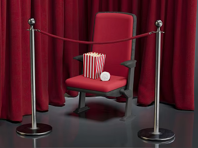 Red Public Chair With Popcorn Bucket White Roll And Red Curtain Stanchion Rope 3d model