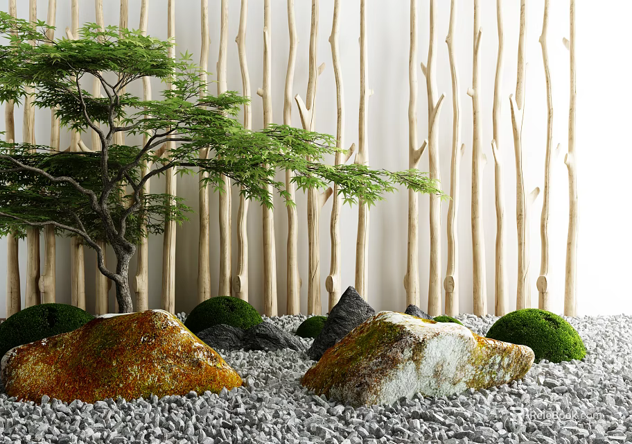 Natural Zen Garden Feature With Pine Tree Vertical Wooden Sticks Colored Rocks And Green Moss 3d model 