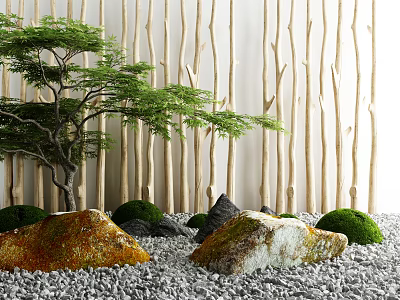 Natural Zen Garden Feature With Pine Tree Vertical Wooden Sticks Colored Rocks And Green Moss 3d model