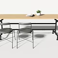 Wooden Desk with Black Metal Pipe Legs Grey Chairs Potted Plant and Book