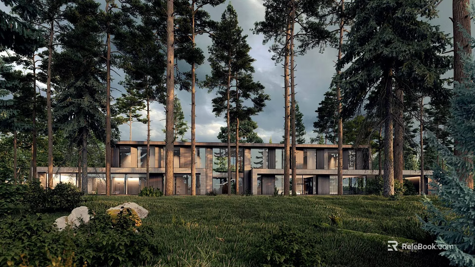 Modern Detached Villa Surrounded by Tall Pine Trees And Lush Green Grassland 3d model 