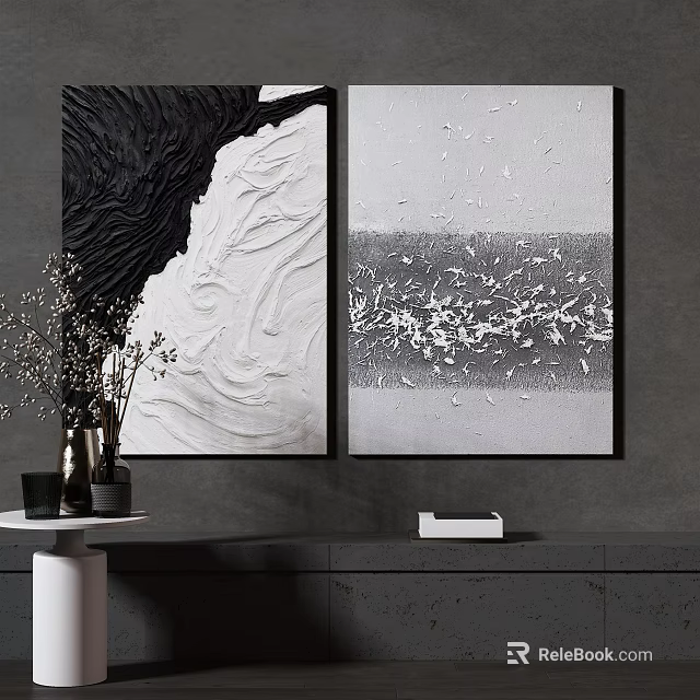 Modern Black White Abstract Wall Art Two Panels With Textured Patterns On Gray Wall 3d model