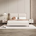 Double Bed With Beige Leather Headboard White Bed Sheets Side Table Lamp And Wooden Floor