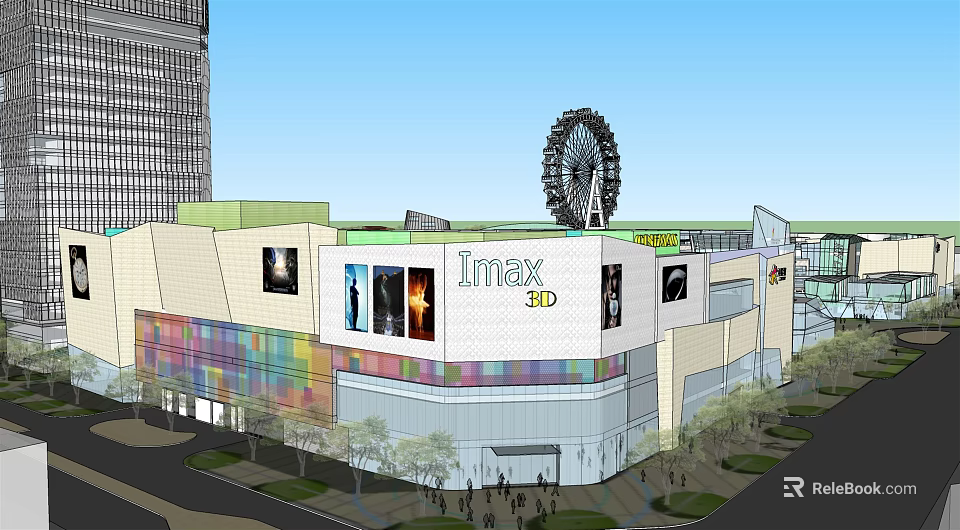 Modern Commercial Complex With Imax 3D Cinema Ferris Wheel And Glass Facade 3d model 