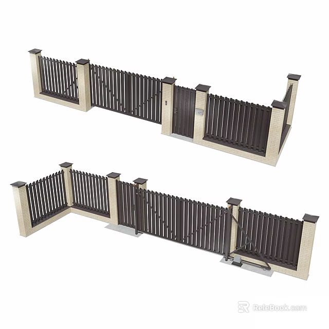 Modern Residential Fence With Vertical Slats Light Colored Posts And Gate Design 3d model