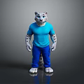 Anthropomorphic Snow Leopard Wearing Blue T-Shirt And Blue Pants Standing On Gray Background With Reflection