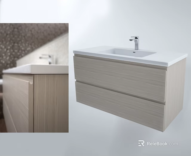 Modern Wall Mounted Bathroom Vanity With White Countertop And Light Wood Drawers 3d model 