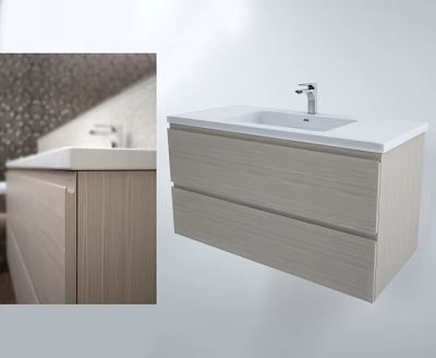 Modern Wall Mounted Bathroom Vanity With White Countertop And Light Wood Drawers 3d model