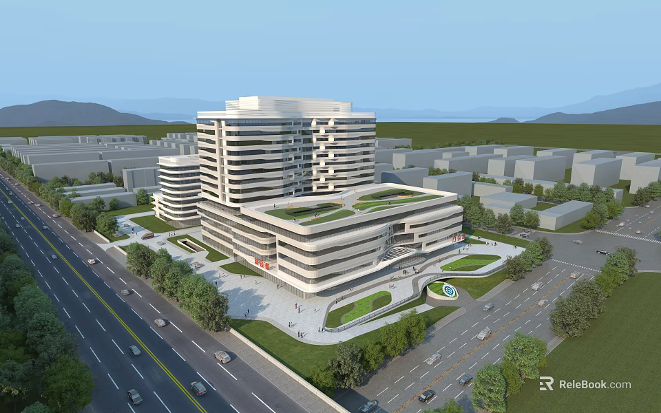 Modern Multi Storey Hospital Building With Green Roof Surrounding Landscape And Road Access 3d model 