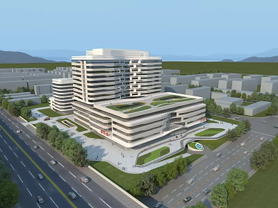 Modern Multi Storey Hospital Building With Green Roof Surrounding Landscape And Road Access 3d model