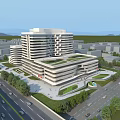 Modern Multi Storey Hospital Building With Green Roof Surrounding Landscape And Road Access