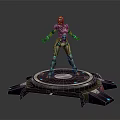 Futuristic Armored Character Standing On Circular Platform With Green Blue Purple Accents