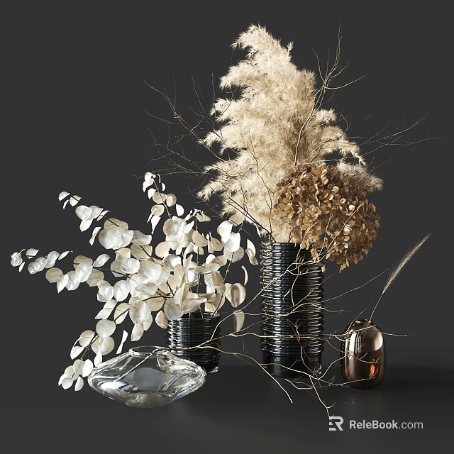 Elegant Flower Vase Arrangement With Eucalyptus Leaves Pampas Grass And Hydrangea In Black Textured Vase 3d model 