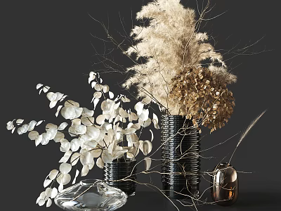 Elegant Flower Vase Arrangement With Eucalyptus Leaves Pampas Grass And Hydrangea In Black Textured Vase 3d model
