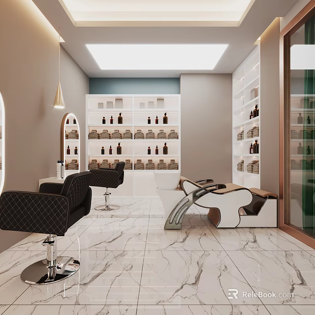 Modern Hair Salon Interior With Black Styling Chairs White Cabinets Haircare Products And Marble Flooring 3d model 