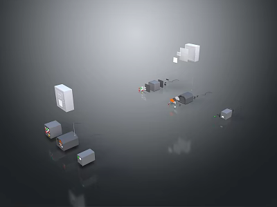 Various Shapes Sizes Gray White Orange Electronic Equipment on Dark Background with Connecting Cables 3d model