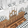 Grand Church Interior Featuring Arched Architecture Wooden Benches And Checkerboard Floor