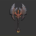 Fantasy Lava Flame Axe With Glowing Red Core And Winged Blades Design
