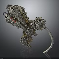 Mechanical Rodent Sculpture Composed Of Metal Gears Bolts With Complex Hollow Structure And Red Accents