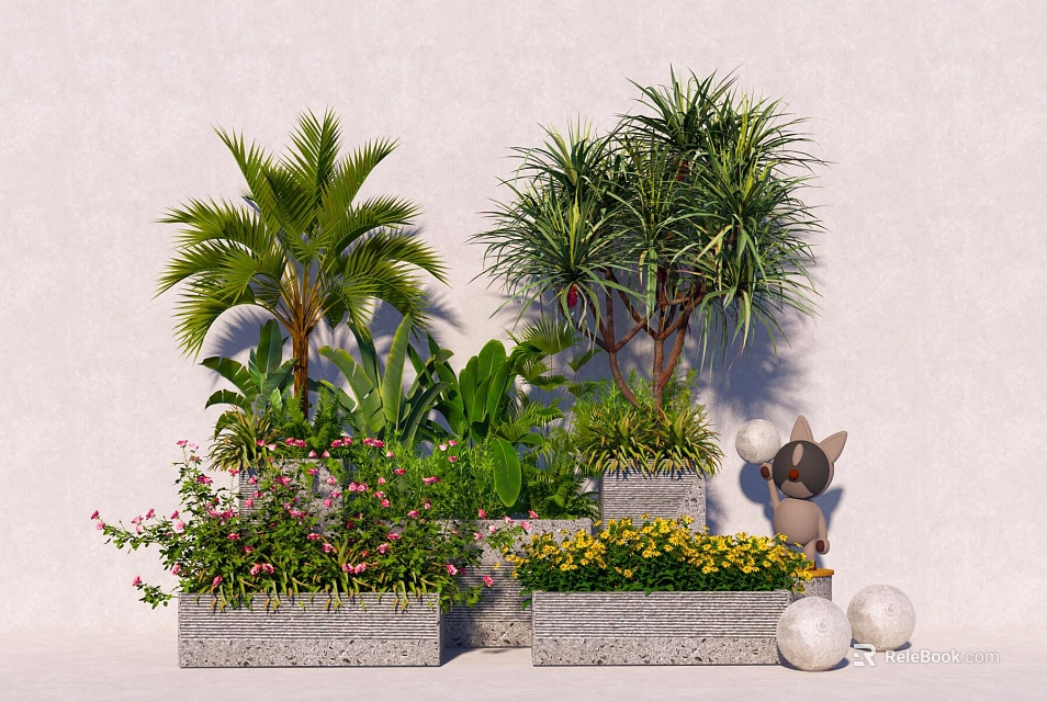 Flower Planters With Palm Trees Dracaena Pink Yellow Flowers Small Animal Figurine And White Spheres 3d model 