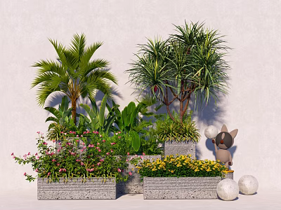 Flower Planters With Palm Trees Dracaena Pink Yellow Flowers Small Animal Figurine And White Spheres 3d model