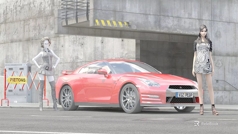 Red Sports Car With Two Women Standing Near Concrete Structure Garage 3d model 