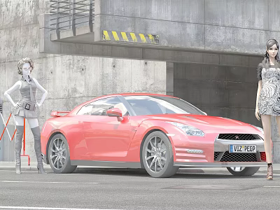 Red Sports Car With Two Women Standing Near Concrete Structure Garage 3d model