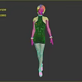 Female Game and Movie Character in Black High Neck Dress with Red Patterns and Bracelets