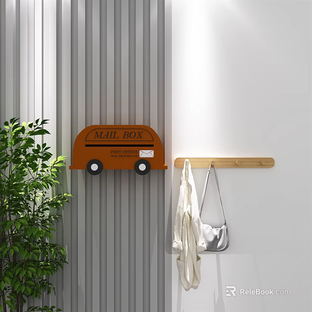 Public Orange Mail Box With Wooden Hanger And Green Plant Near Wall 3d model 