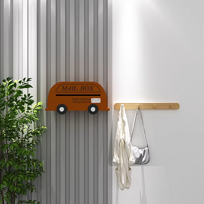 Public Orange Mail Box With Wooden Hanger And Green Plant Near Wall 3d model