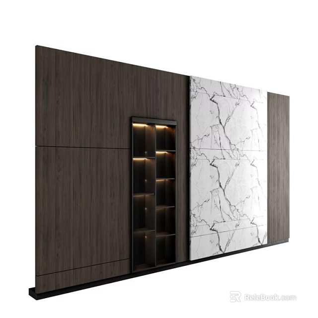 Modern Wall Decor with Dark Wood Panel Lit Shelf and White Marble Texture 3d model 
