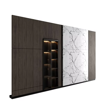 Modern Wall Decor with Dark Wood Panel Lit Shelf and White Marble Texture 3d model