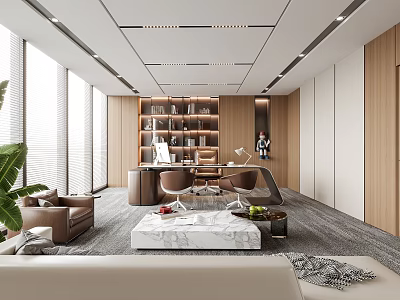 Modern Office Interior Design With Large Windows Leather Sofa And Wooden Bookshelves 3d model