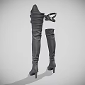 Black Leather Thigh High Boots With High Heels And Belt Buckles Design